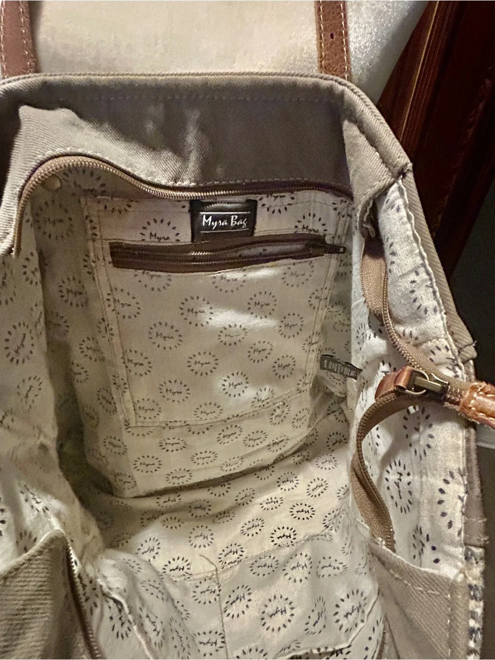 Myra Bag Gray and Brown Patterned Tote with Leather Straps